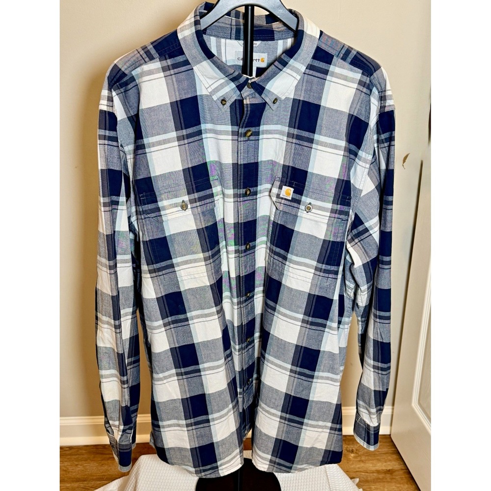 Carhartt Men's 2XL Regular Blue White Gray Plaid Cotton Woven Button-Up Pockets